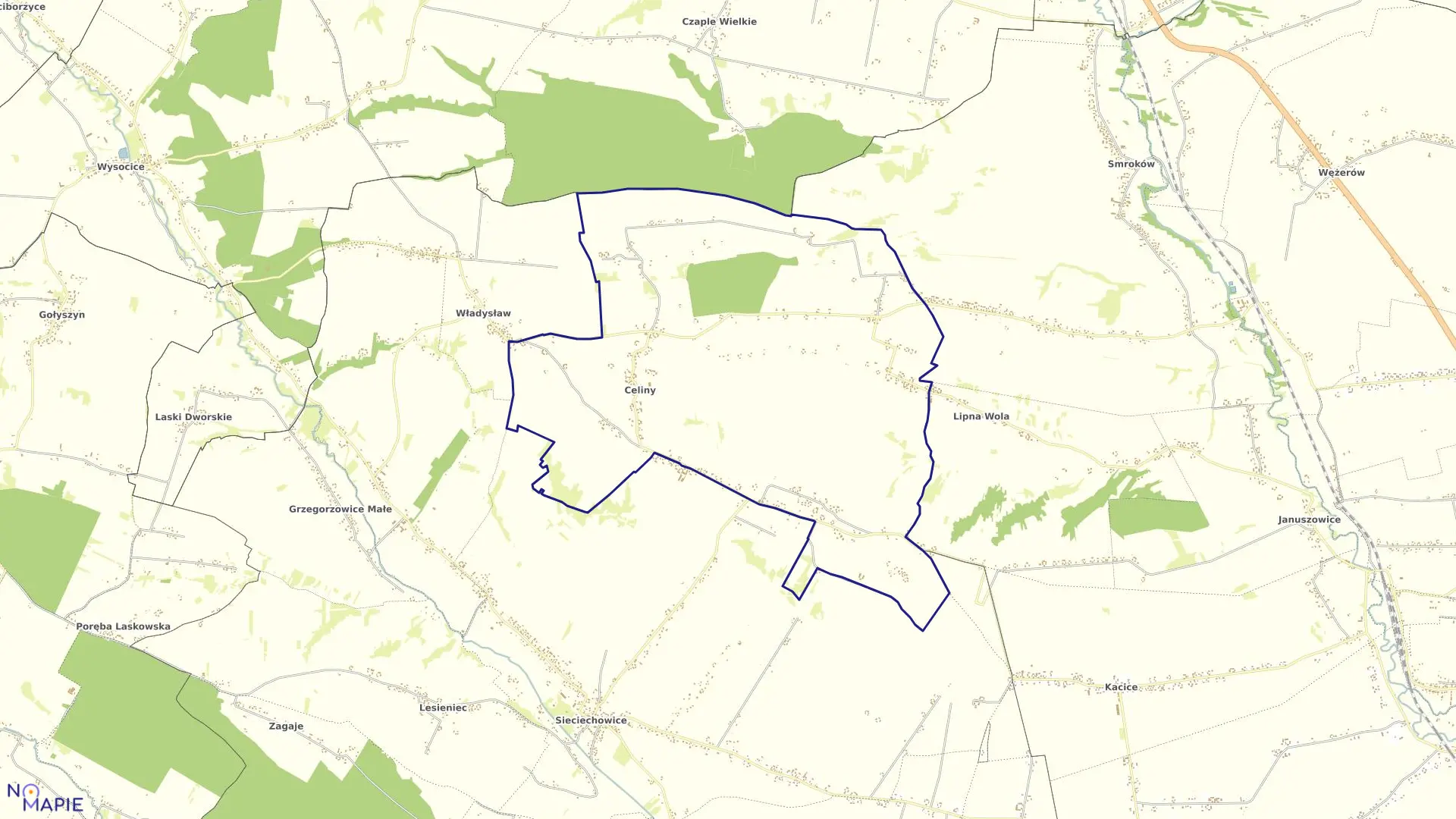 Mapa obrębu Celiny w gminie Iwanowice