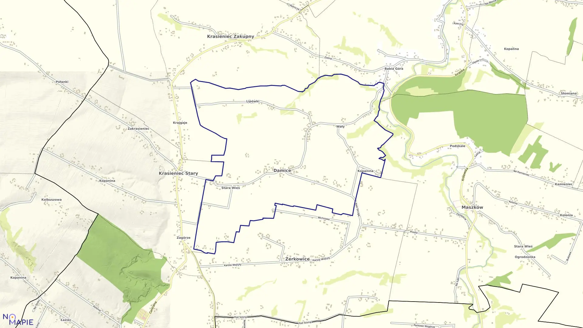 Mapa obrębu Damice w gminie Iwanowice