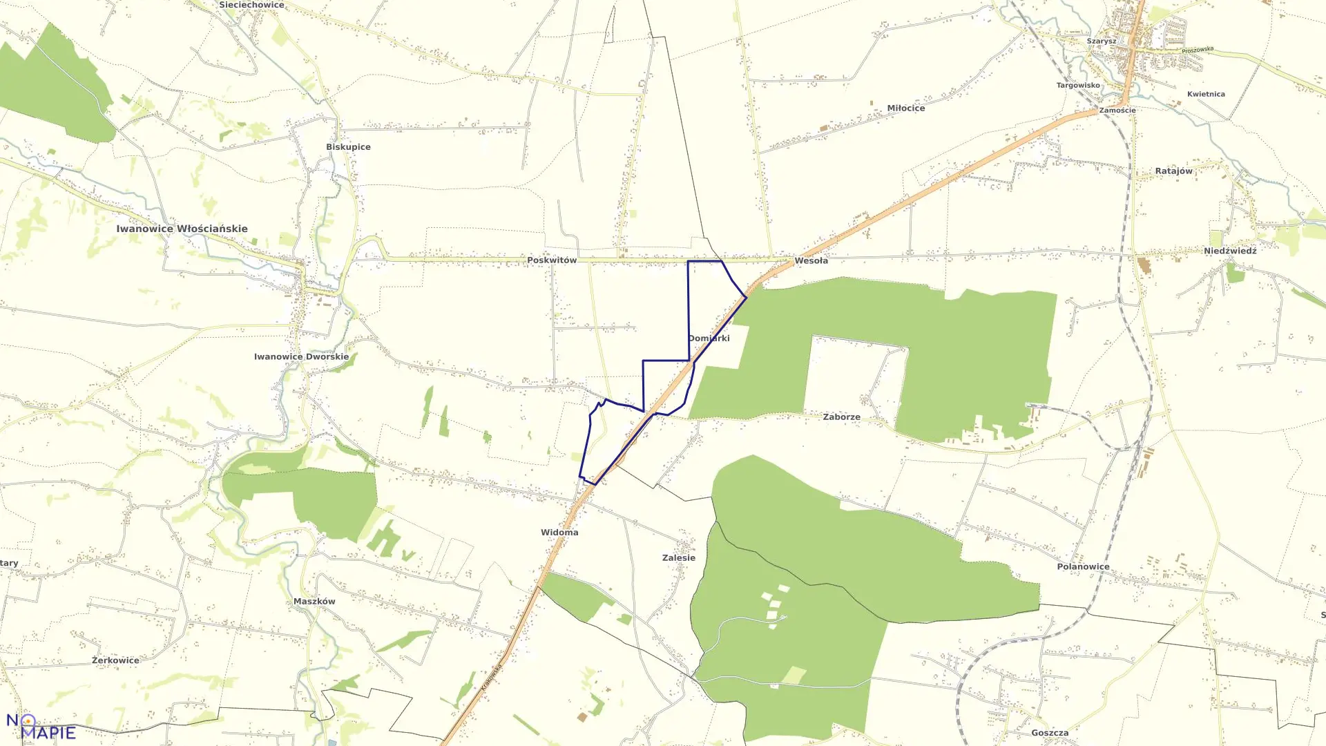 Mapa obrębu Domiarki w gminie Iwanowice