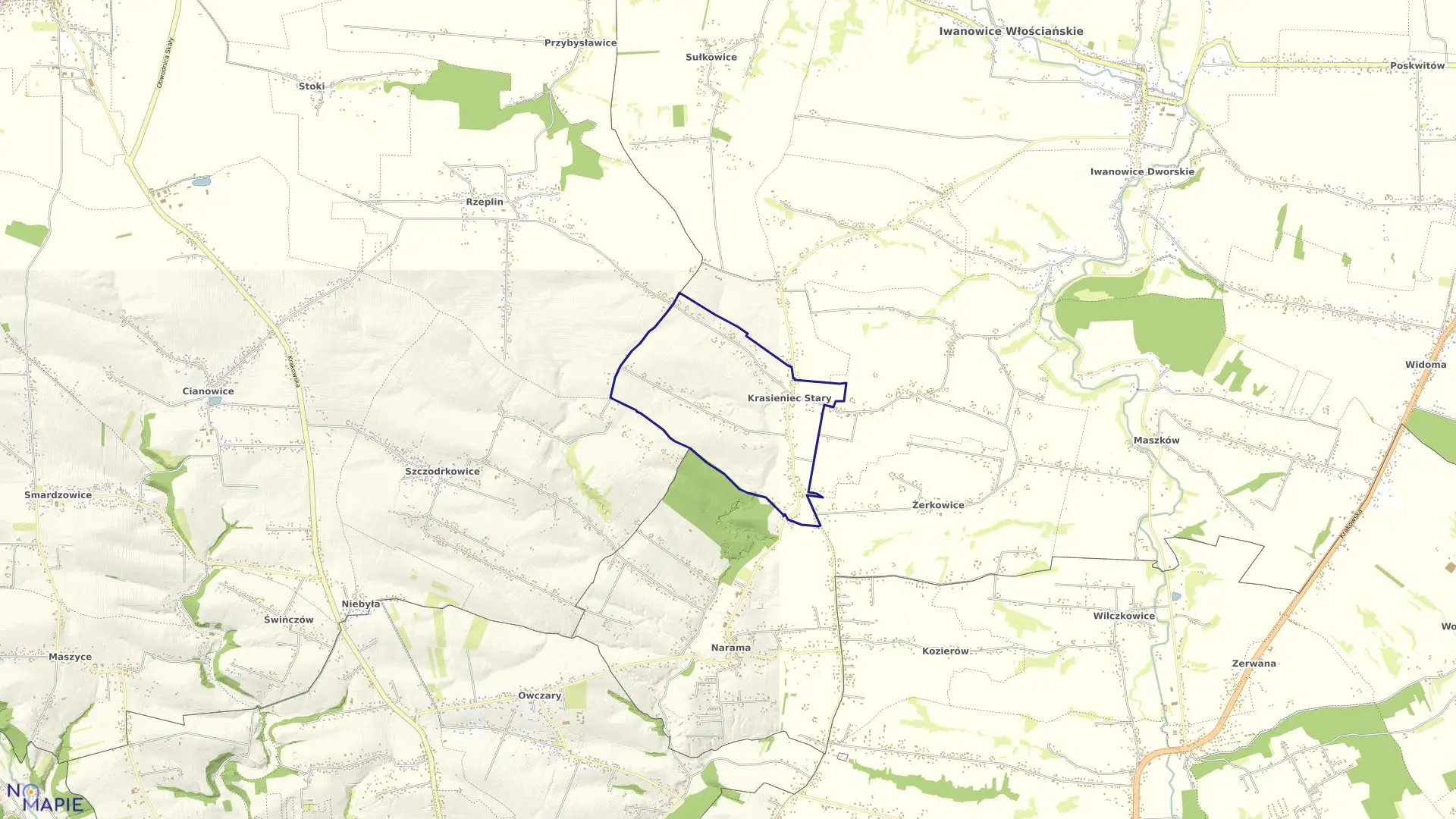 Mapa obrębu Krasieniec Stary w gminie Iwanowice