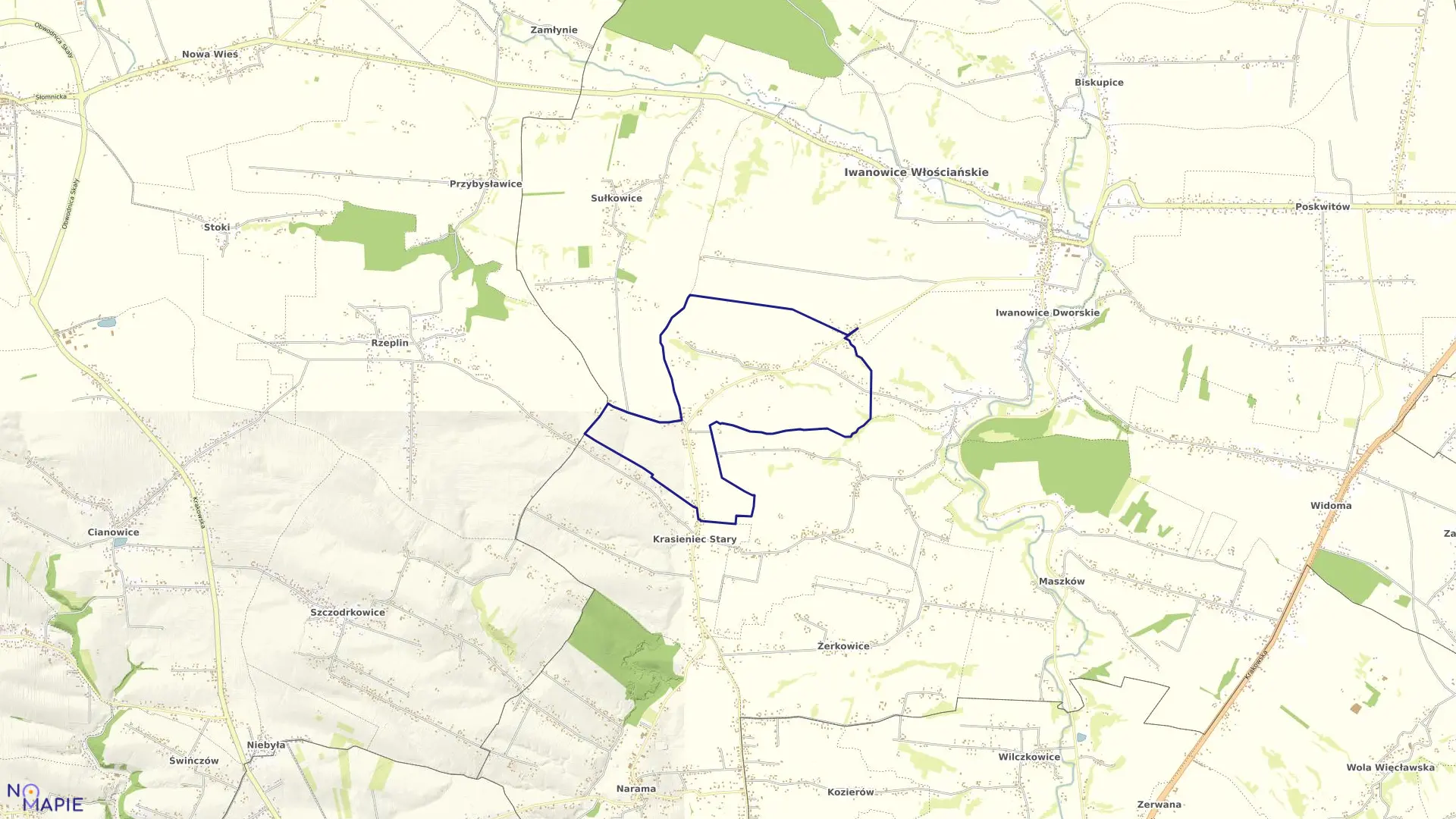 Mapa obrębu Krasieniec Zakupny w gminie Iwanowice