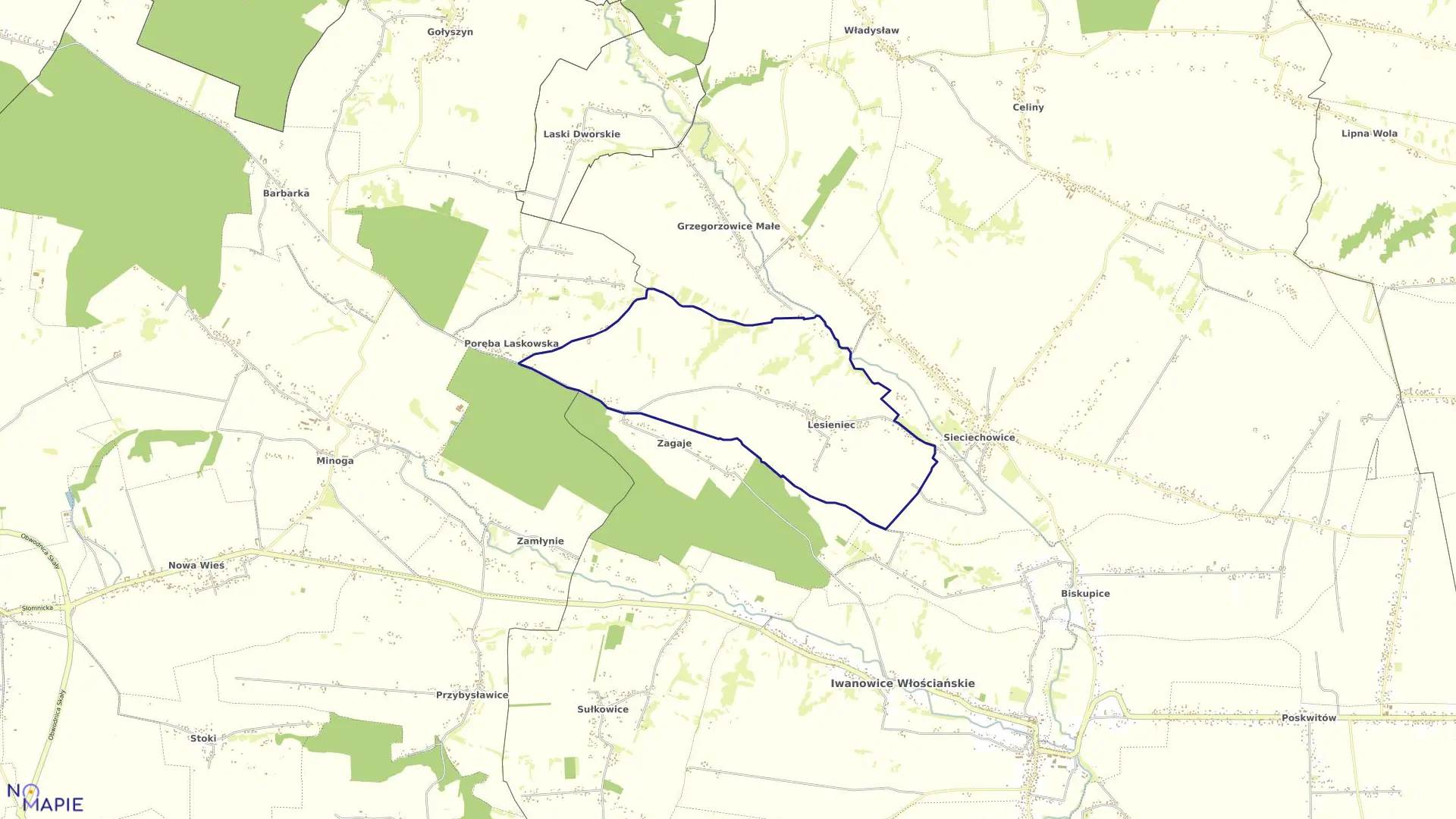 Mapa obrębu Lesieniec w gminie Iwanowice