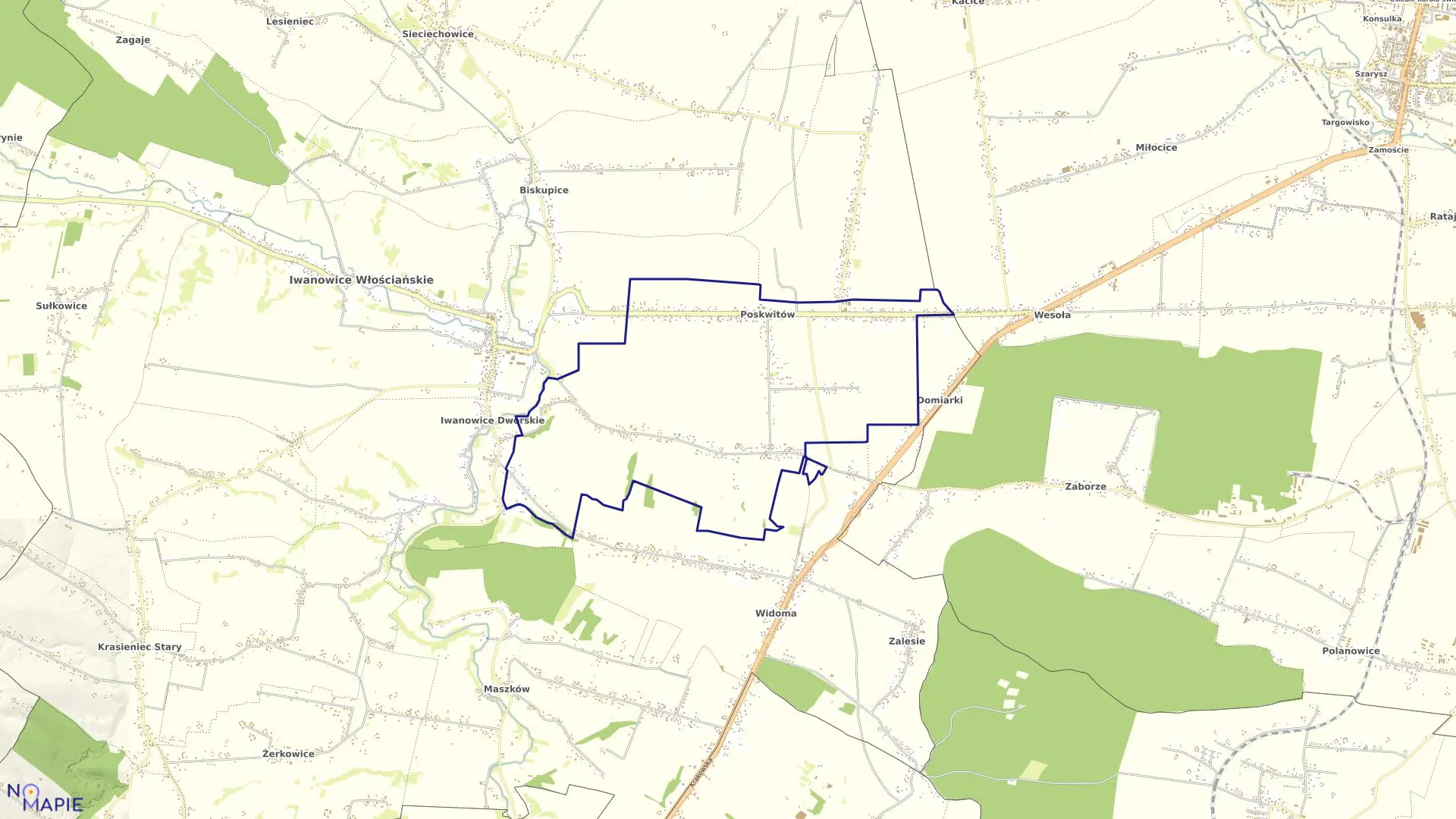 Mapa obrębu Poskwitów w gminie Iwanowice