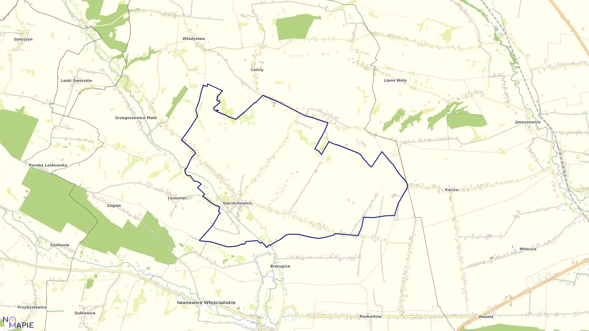 Mapa obrębu Sieciechowice w gminie Iwanowice