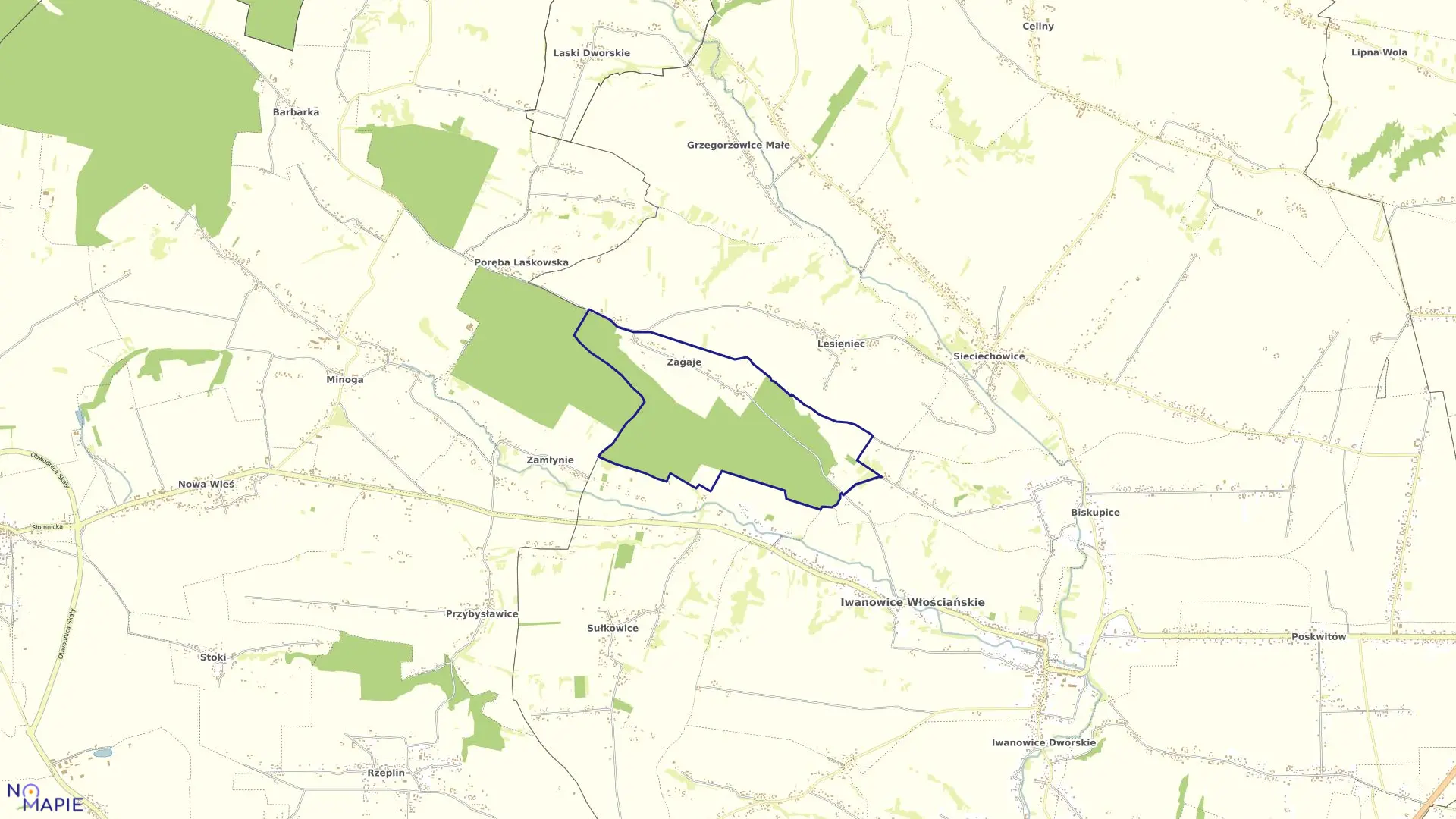 Mapa obrębu Zagaje w gminie Iwanowice