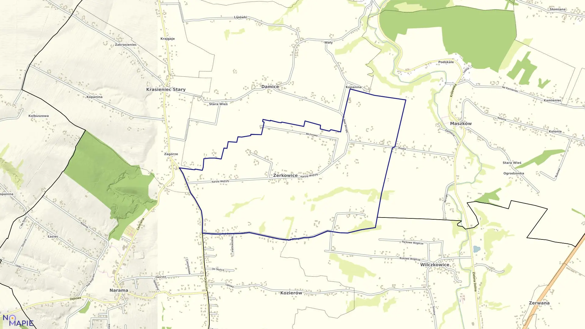 Mapa obrębu Żerkowice w gminie Iwanowice